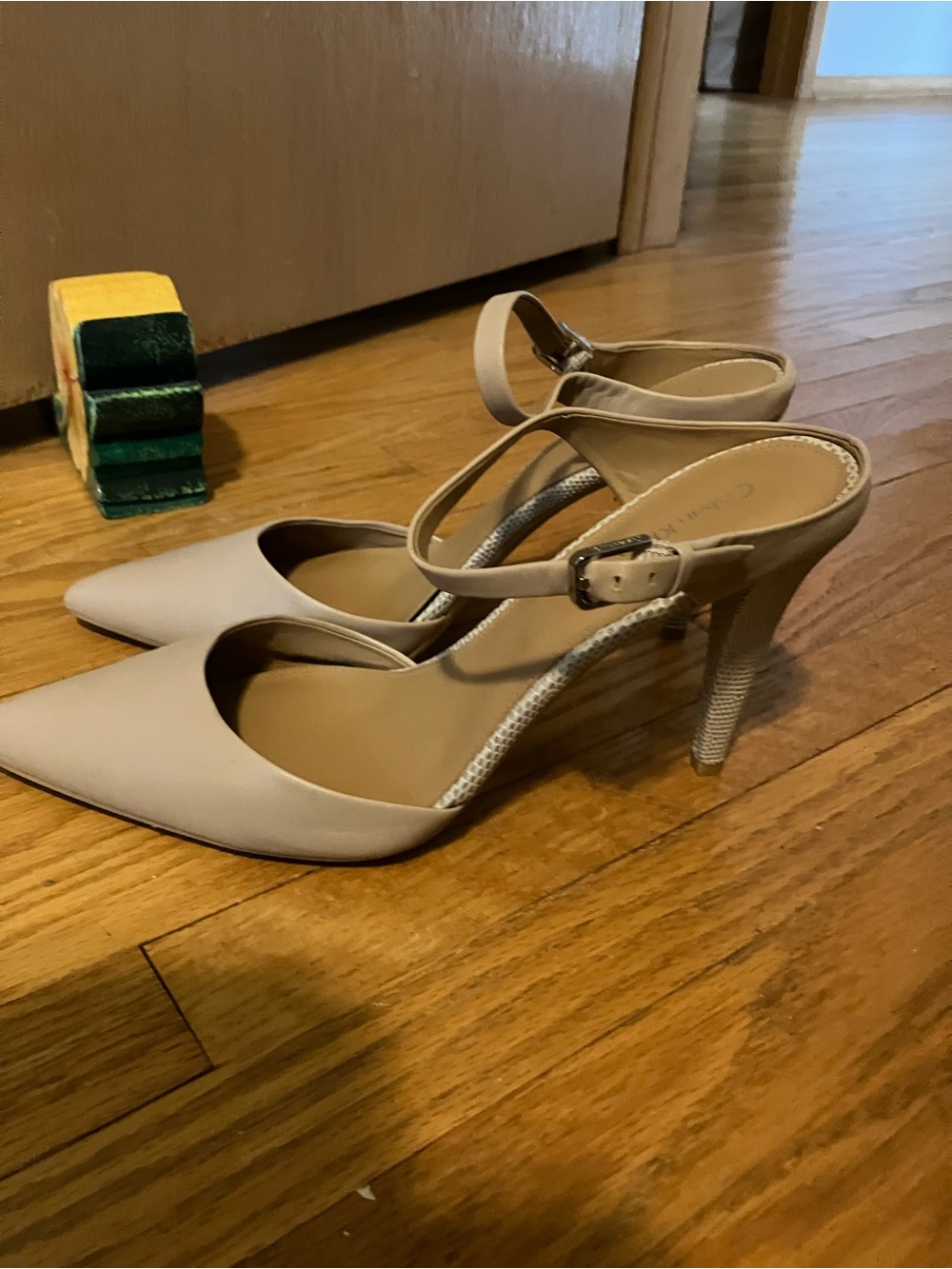 Calvin Klein Beige Pointed-Toe Ankle-Strap Heels